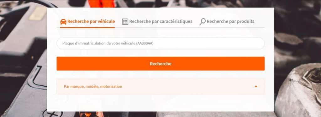 Capture d'écran du moteur de recherche disponible sur BatterySet.com pour trouver une batterie de voiture